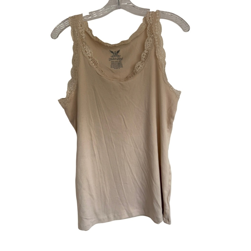 Faded Glory Beige Ribbed Lace Trim Tank Top Camisole XXL 20 Tan Scoop Neck